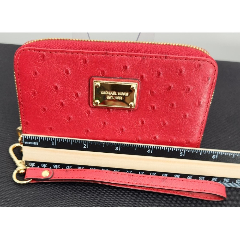 MICHAEL KORS Red Ostrich Embossed Leather Wristlet Wallet Gold Hardware - Picture 11 of 13